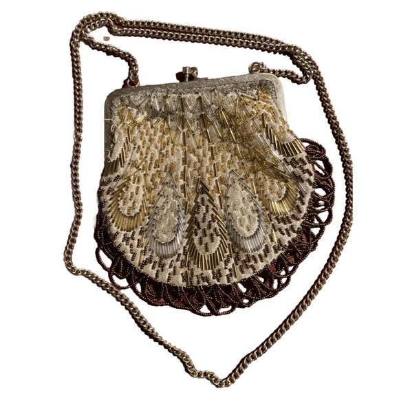 VINTAGE GOLD & BROWN LA REGALE  HAND BEADED PURSE MADE IN HONG KONG WITH FRINGE - Picture 4 of 13